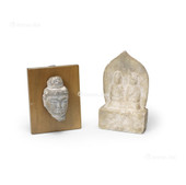 587年；北魏 理石雕双胁侍像及石雕佛首像一组两件